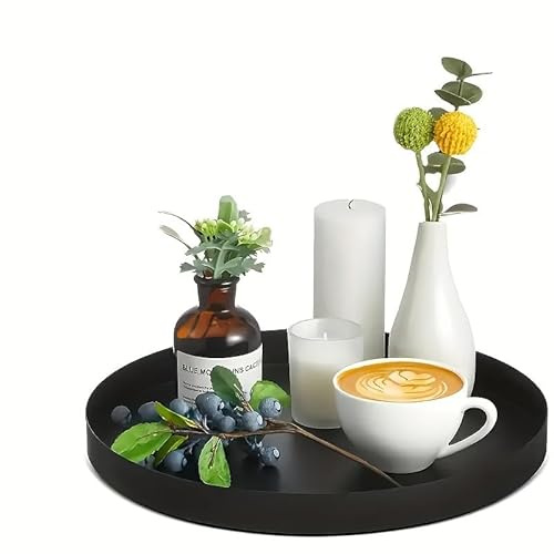 Tablett schwarz Rund Schwarz Matt - 2 Stück Deko Tablett Rund Ø 20 cm und Ø 25 cm Rundes tabletts Metall Anti Rutsch Dekoteller für Vasen Kosmetik Dessert Kerzen,Kerzen Serviertablett für Café Bar