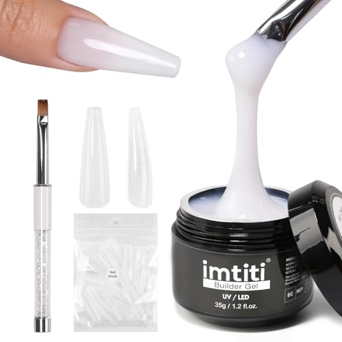 Imtiti Aufbaugel für Gelnägel, 3 in 1 Builder Gel für Verlängerung, starke, UV LED Lampe Heilung erforderlich, Nägel für Zuhause DIY professionellen Nagelsalon(Milky White-35g)