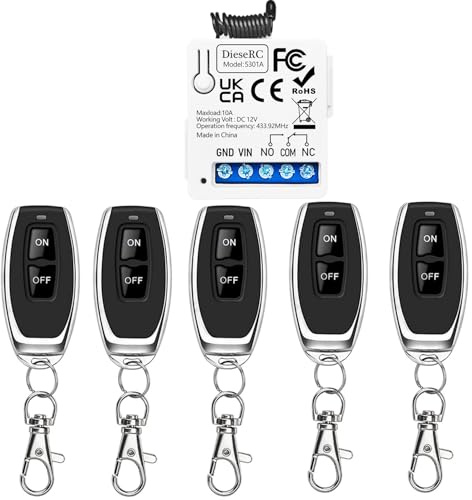 DieseRC 433Mhz Universal DC 12V 1CH Interruptor de control remoto inalámbrico Módulo receptor de relé RF con 5 transmisores, Relé de Contactos sin Potencial