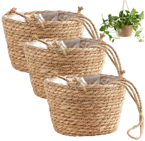 CAKEEYUM 3 st hängande växtkorg 20,3 x 12,7 cm vävd hängande planterare med rep boho rustik korg planterare för inomhus hem