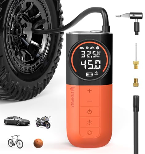 ETENWOLF S1 Gonfleur de Pneus Portable - 11 Bar Compresseur d'Air | Pompe à Air pour Voiture, Vélo, Ballons, Moto - Pompe de Gonflage Rapide sans Fil avec Lampe LED & Manomètre Numérique