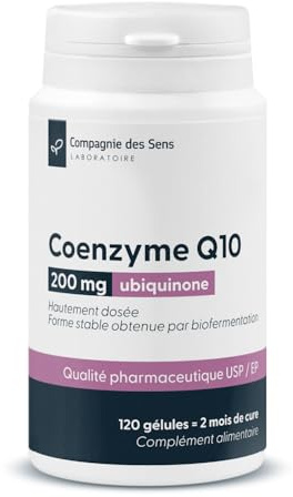 Coenzyme Q10 (Ubiquinone) 200 mg – Issue de biofermentation – Standards pharmaceutiques USP/EP – 120 gélules – 2 mois de cure – Fabriqué en France