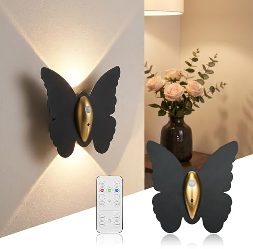 LED Wall Light - Indoor Butterfly Decorative Light, Rechargeable Motion Sensor Night Lamp, 3 Modes Continuously Dimmable, USB Magnetic Wall Sconces with Remote Control and Time, Bedroom Lights