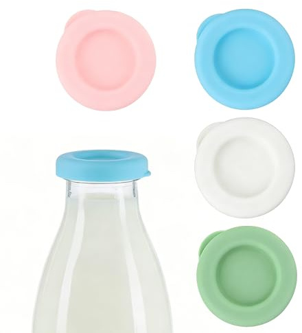 Desenda 4pcs Silicone Milk Bottle Tops for UK 1 Pint Glass Bottle Lids | Leakproof and Flexible, Reusable Glass Milk Bottle Caps, Replacement Lid, Dishwasher Safe, White, Pink, Blue, Green