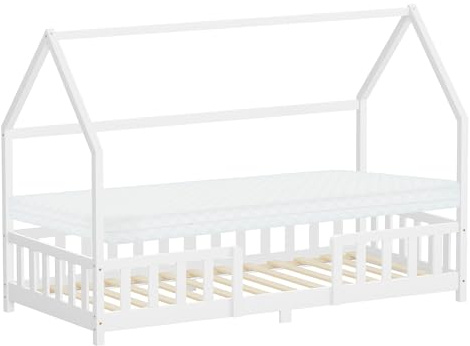 ML-Design Cama Infantil 90x200cm Blanco, con Colchón, Protección Anticaída, Techo y Somier, Listones de Madera de Maciza de Pino Lecho Doble Montessori Forma de Casa Mobiliario Juvenil, para Niños