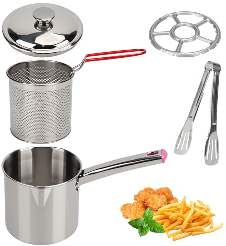 1.8 L Olla Freír de Acero Inoxidable 2 en 1 Olla para Freír con Cesta | Olla Freidora de Aceite Pequeña con Tapa, Olla Pequeña Freidora Perfecta para Patatas Fritas, Pollo, Pescado y Marisco (B)