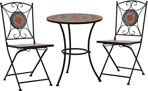 Mhdvray 3-TLG. Bistro-Set Mosaik Keramik Orange/Grau 60 cm Tisch & 2 Stühle aus pulverbeschichtetem Eisen platzsparendes Gartenmöbel-Set für kleinen Balkon Terrasse Garten