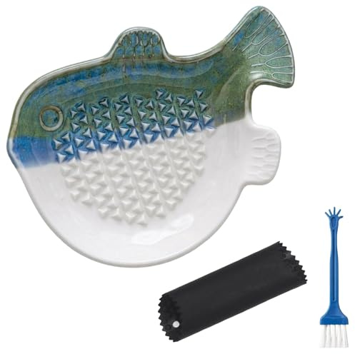 3-Piece Garlic Grater Plate Set with Black Garlic Peeler and Cleaning Brush, Ceramic Grater Plate, for Kitchen Ingredient Preparation, Fish Shaped Manual Kitchen Gadget for Ginger and Garlic Paste