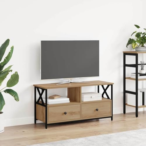 Boltkex TV-skåp Artisan ek 90 x 33 x 45 cm lågbord mediamöbler med 3 lådor, 1 hylla, stålram, kabelgenomföring för vardagsrum hemmabio ordning