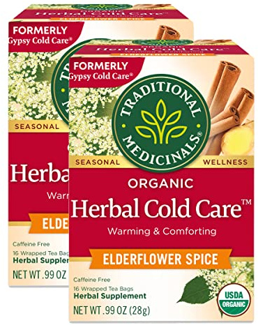 Traditional Medicinals Organic Herbal Cold Care Elderflower Spice Herbal Tea, Warm & Comforting Seasonal Wellness, (Pack of 2) - 32 Tea Bags Total