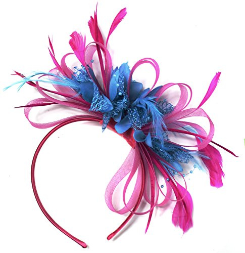 Fuchsia Hot Pink and Aqua Net Hoop Feather Hair Fascinator Headband Wedding Royal Ascot Races