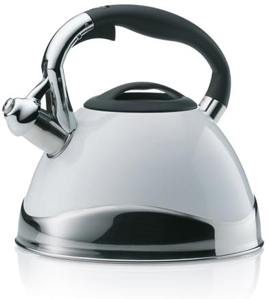 kela hervidor inducción 3L, hervidor flauta acero inoxidable, para todo tipo de placas, con apertura segura de la tapa del caño por botón, VARUS, hervidor de té blanco brillante