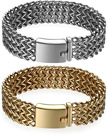 JewelryWe Schmuck 2pcs Herren Armband, 19mm Breit Groß Schwer Hochglanz Poliert Panzerkette Gliederkette Armkette, Edelstahl, Gold Silber, kostenlose Gravur