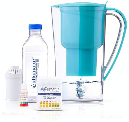 Alkanatur Pack alcalinizar, depurar e ionizar Agua con Botella de borosilicato. pH hasta 9,5. ORP - 700mV. Libre de Bisphenol A. Costo por litro 0,045€. Duración Filtro 400L. Made in Spain.