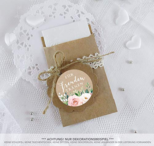Freuden Tränen Taschentücher Set zur Hochzeit Groß 48 Sticker + 48 braune Flachbeutel 63 x 93 mm Freudentränen Taschentuch Verpackung BOHO HIPPIE ROSEN EUKALYPTUS KRAFTPAPIER APRICOT ROT ROSA