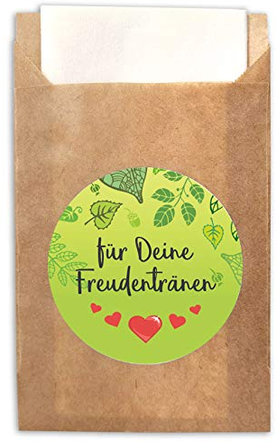 JuNa-Experten 150 Aufkleber für Deine Freudentränen + 150 Tüten/braun für Hochzeit, Taufe/Aufkleber für Taschentuchtüten/romantische Sticker für Geschenkverpüackung Taschentuchverpackung