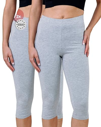 SES Capri-leggings för kvinnor, 2-pack av bomull/ogenomskinliga damleggings med capri-leggings i bomull, 3/4 långa damleggings med perfekt passform, Ljunggrå, 48/50 SE