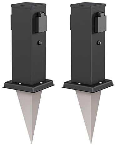 ledscom.de 2 x Polly Columna de Enchufe de jardín con Sensor crepuscular y piqueta de Suelo para Exteriores, 2 Polos, Acero Inoxidable, Angular, Negro, 27cm