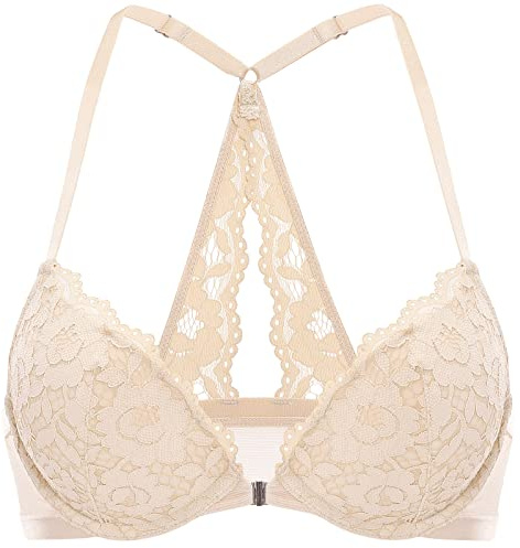DOBREVA Front Fastening Push Up Bra Underwire | Floral Lace, Racerback, Padded, Plunge, Supportive, For Women