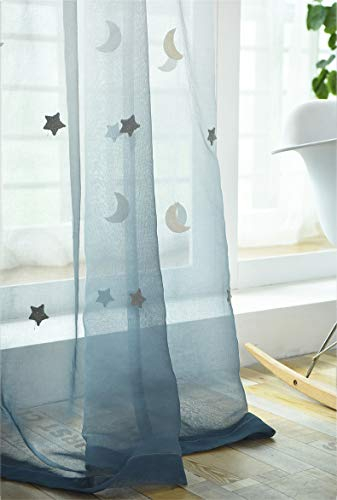 Lactraum Gardine Kinderzimmer Mädchen Junge Tranparent Bestickt Stern Mond Voile blau Gradient mit Ösen 145 x 245 cm (BxH)