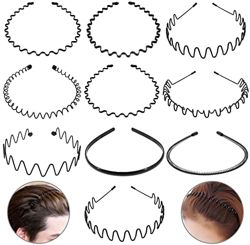 Bomtop 10 Stück Haarreifen Damen Dünn, Haarband Herren, Unisex Schwarzer Metall Headband, Rutschfest Welle Haarreif Männer, Multi-Stil Stirnband Zubehör für Outdoor, Sports, Yoga