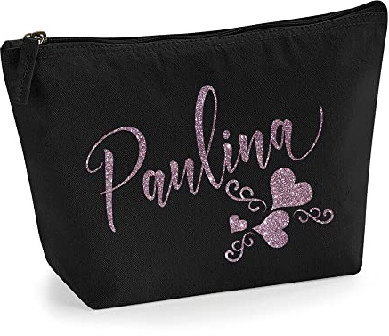 Personalisiert Name Initialen Text 3 Herz Wirbel Kosmetiktasche Damen Schminktasche für Handtasche Makeup Tasche mit Texturdruck - Roségold Glitter - M | Schwarz