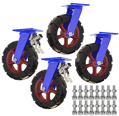 ESOYAWE Schwerlast Transportrolle 4 Stück Ø 150mm 200mm 250mm 300mm Gummi Lenkrolle, Ersatz Rollen Mit Bremse for Trolleys Werkbank Mechanisch, Tragfähigkeit 900KG Pro Stielrollen