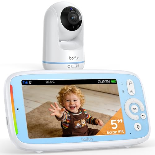 BOIFUN Babyphone Camera sans WiFi ni Ondes 5 720P IPS (Modèle Amélioré), Vision Nocturne Infrarouge Invisible, Camera Bebe 360°, Batterie Longue Durée 24h, Portée Longue Distance, Audio Clair