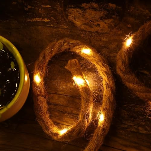 Gresonic LED Lichterkette Seil Beleuchtung 40LED 1,5m lang batteriebetrieben Timer Baumwollseil Naturkordel Juteseil Tau warmweiße Lichtfarbe Garten Deko Innenbeleuchtung Weihnachtsdeko