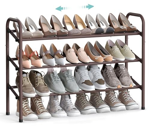 SONGMICS Scarpiera Espandibile, Scaffale Porta Scarpe in Metallo a 3 Ripiani, Organizzatore per Scarpe Regolabile, per Corridoio, Armadio, Entrata, Montaggio Facile, Bronzo LMR039A01