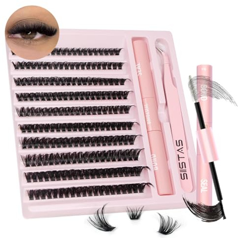DIY lash Extension Kit, 200pcs D-Curl Volume Cluster Eyelashes, Bond and Seal, Lash Tweezers, Home Application