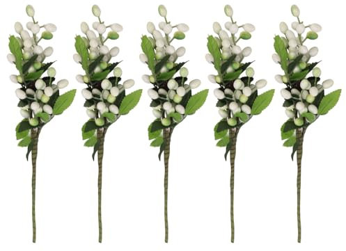 5 Pezzi Steli di Bacche Artificiali 15 Pollici Rami di Bacche di Agrifoglio Bouquet di Fiori di Bacche Artificiali Steli di Bacche per Centrotavola Vaso Casa Matrimonio Decorazioni Natalizie(Bianco)