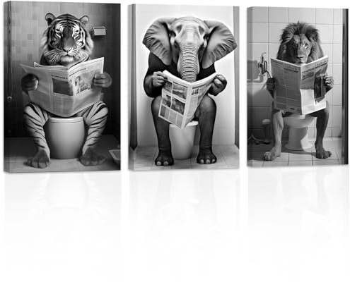 ZXHYWYM Lustige Badezimmer Tierbilder 3 teilig niedlicher Tiger Elefant Löwe der Zeitung auf der Toilette liest Poster schwarz weiß Leinwanddrucke Toilette (Bild-2, (28.00 x 35.00 cms x 3 Teilig))