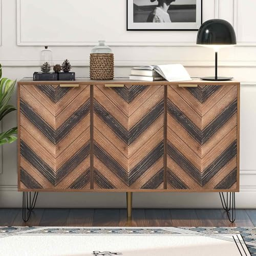 KOMHTOM Sideboard Anrichte mit Holzmaserung Aufbewahrungsschrank mit 3 Türen, Mehrzweckschrank für Wohnzimmer Esszimmer Schlafzimmer und Flur (D)