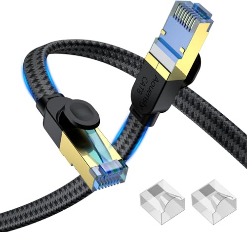 Aouensly Câble Ethernet Cat8 2M S/FTP Plat Tressé en Nylon avec Connecteur RJ45 Plaqué Or - Réseau Internet Haut Débit 2000Mhz 40Gbps LAN Professionnel
