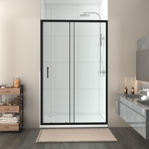 NRG 1300x700mm Single Sliding Shower Door Black Framed with Tray