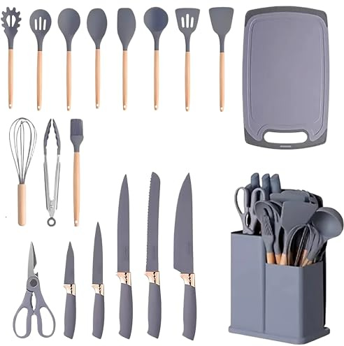 19pcs Kitchen Utensils Set, Heat Resistant Set, Kitchen Accessories for Non-Sticky Pans, Home Cooking Utensils, Super Kitchen Silicone Spatula Stuff -Grey