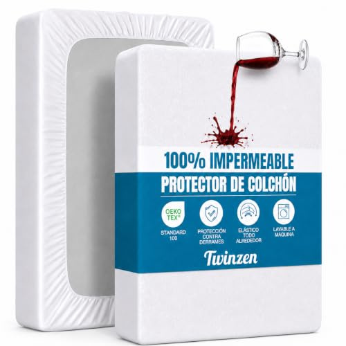 Twinzen - Protector colchon 150x190 - Cubre Colchon Impermeable | Certificado OEKO-TEX · Tipo Sábana Bajera · Lavable a 90 °C · Funda Transpirable · Hasta 27cm · Protector cama