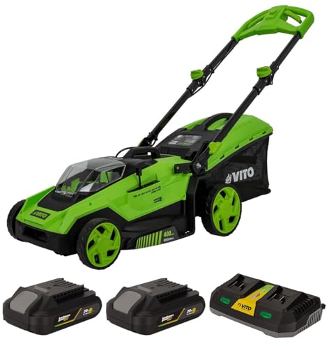 VITO – Cortacésped inalámbrico 40 V 2 baterías 2.0 Ah cargador doble motor sin escobillas ancho 40 cm bandeja 40 L