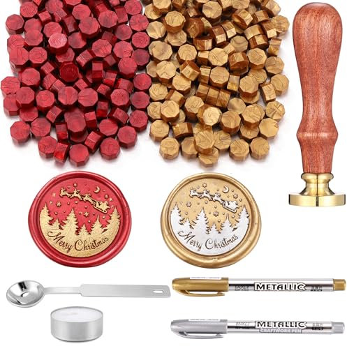 Filhome Weihnachten Wachs Siegelstempel Set 130 Stück Siegelwachs Perlen Gold & Rot mit Merry Chrismas Wachssiegel Stempel für Weihnacht (#3)