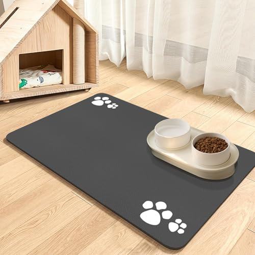 Hundefuttermatte Katzenfuttermatte Hundefütterungsmatte Gummi absorbierende Hundenapfmatte schnell trocknende Katzeness-Trinkmatte Haustiermatte für Hundenapf (Dunkelgrau-4 Pfoten, 30 x 50 cm)