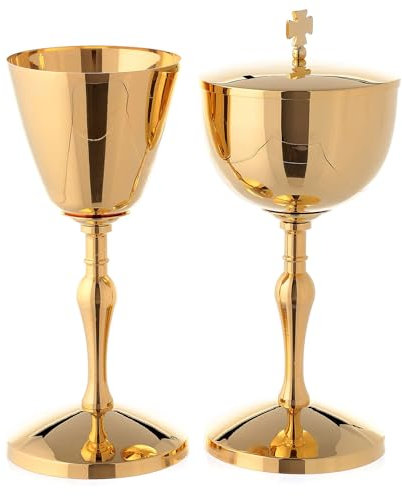 Holyart Cáliz y copón de latón Dorado lúcido, CopónAltura cáliz: 20.5 cm|Altura píxide: 19.5 cm|Diámetro Copa Cáliz: 9 cm|Diámetro píxide: 11 cm