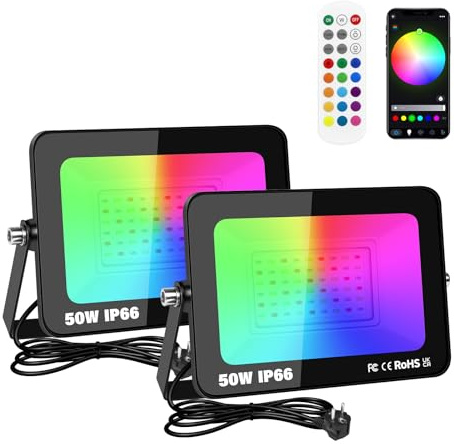 RIGIDON 2x 50W foco led RGBW exterior 5000lm APP y IR remoto control | proyector led, minutero, multicolor, regulable luz de pared, decoración, para jardín fiestas terraza, IP66 impermeable, flood