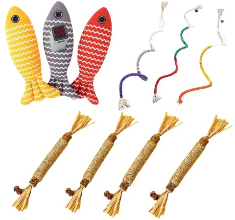 Libershine Juguetes de Hierba gatera, 10 Unidades con 3 Cuerdas para morder para Gatos, 4 palitos de Hierba gatera y 3 Juguetes con Forma de pez, Juguete para Gatos Cuidado Dental y contra el Mal