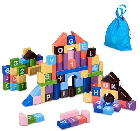 Relaxdays Bloques Madera, Set 108 Piezas con Bolsa, Letras y Números, Cubos Construcción, a Partir de 3 Años, Multicolor, Tablero de Fibras, 3 x 3 x 1,5 cm