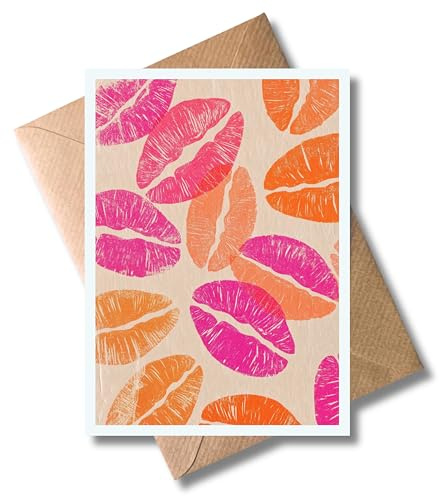 WBdesignz Grußkarte mit Lippen-Motiv – knallige Kussmund-Designs in Pink & Orange – Pop-Art Karte für Flirt, Liebe, Valentinstag, Geburtstag oder einfach so – inkl. Umschlag – DIN A6
