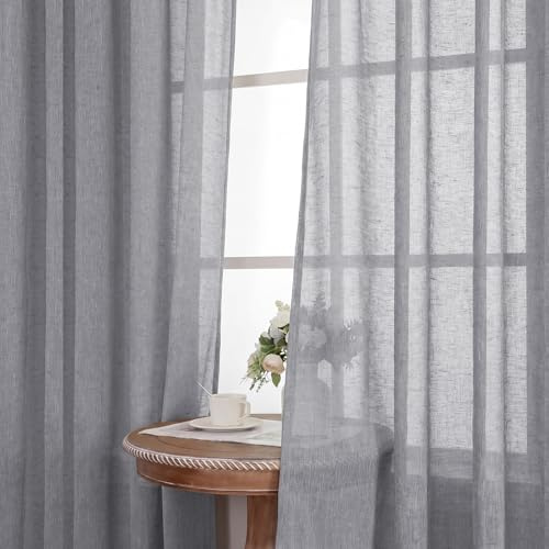 BellaHills Cortinas Corta Lino Dormitorio 140x160cm Gris Cortinas Salon Modernas Visillos Ventana Semitranslucida con Ojales para Habitacion 2 Piezas