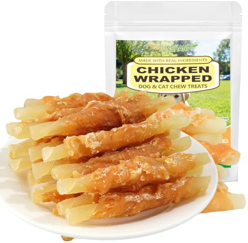 YUNSHAN Dog and Cat Snacks 10.0 onces,Chicken Wrapped Rawhide Dog Chew Sticks, High Protein Pet Treats