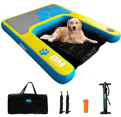 Beyond Marina Dog Pool Ramp, PUP ON! Inflatable Dog Water & Boat Ramp for Lake & Dock, Floating Pontoon Dock Ladder with Non-Slip EVA Platform, Extra Large 4 ft x 3.3 ft, Blue/Yellow, Supports 200 lbs