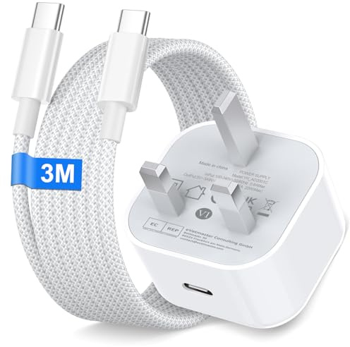For iPhone 17 16 15 Fast Charger, 20W PD USB C Charger Plug with Nylon usb c Cable 3M for iPhone 17 16 15 Pro Max/Pro/Air/iPad/Samsung S25,USBC UK Power Adapter usb c Power Adapter Fast charger Plug